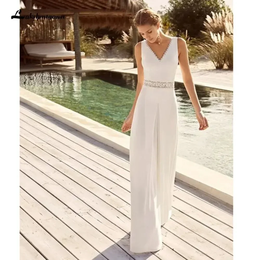 SIMPLE WEDDING IVORY JUMPSUIT WEDDING DRESS WITH POCKETS, MODERN BRIDAL PANTSUIT - Picture 1 of 3